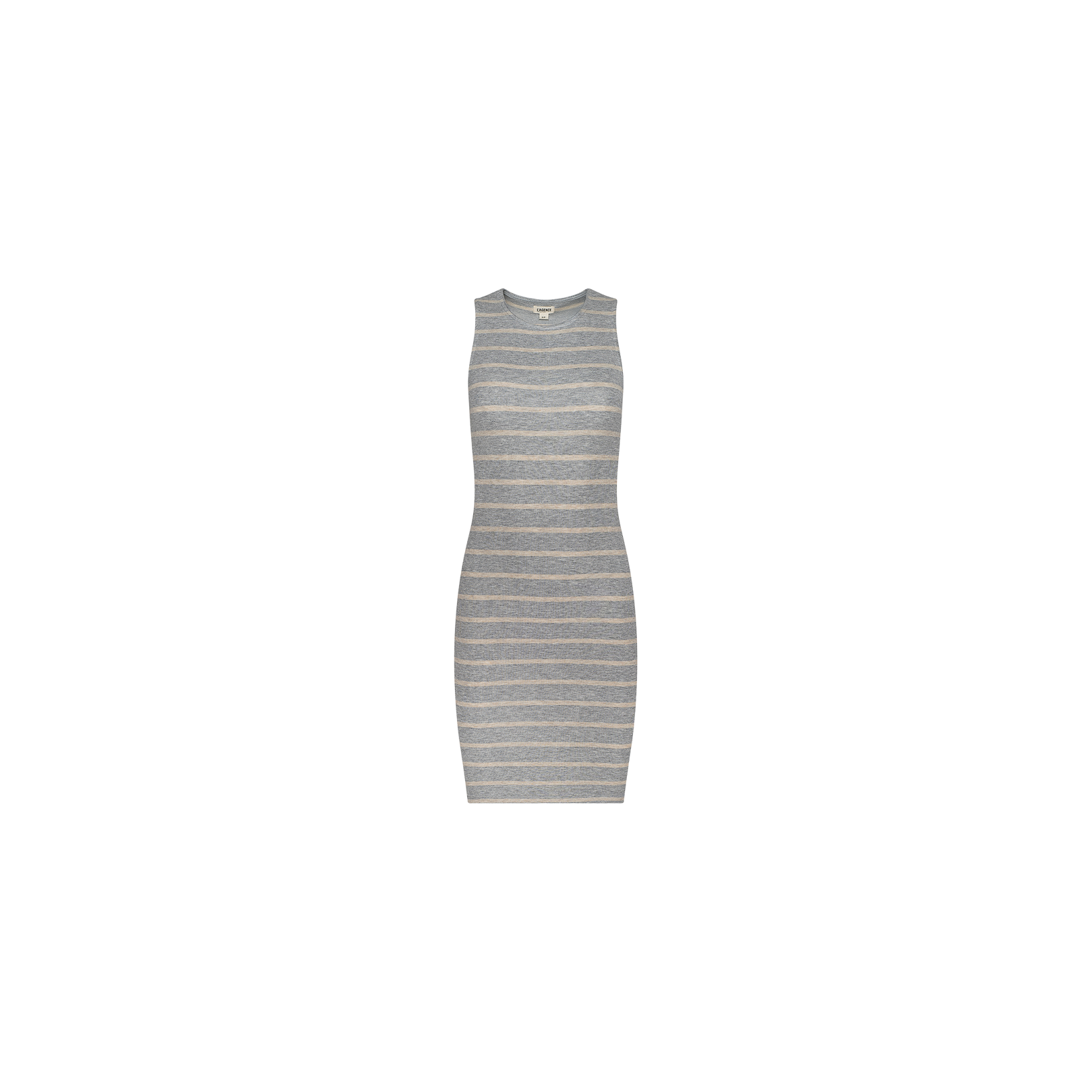 Ellis Tank Dress: A sleeveless, knee-length, fitted racerback dress featuring horizontal gray and white stripes in stretch rib fabric, displayed on a plain white background.