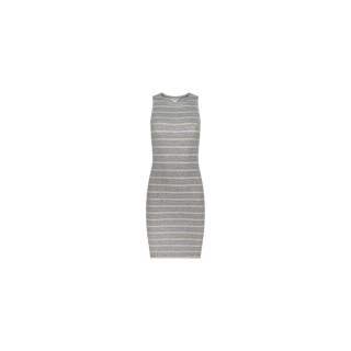 Ellis Tank Dress: A sleeveless, knee-length, fitted racerback dress featuring horizontal gray and white stripes in stretch rib fabric, displayed on a plain white background.