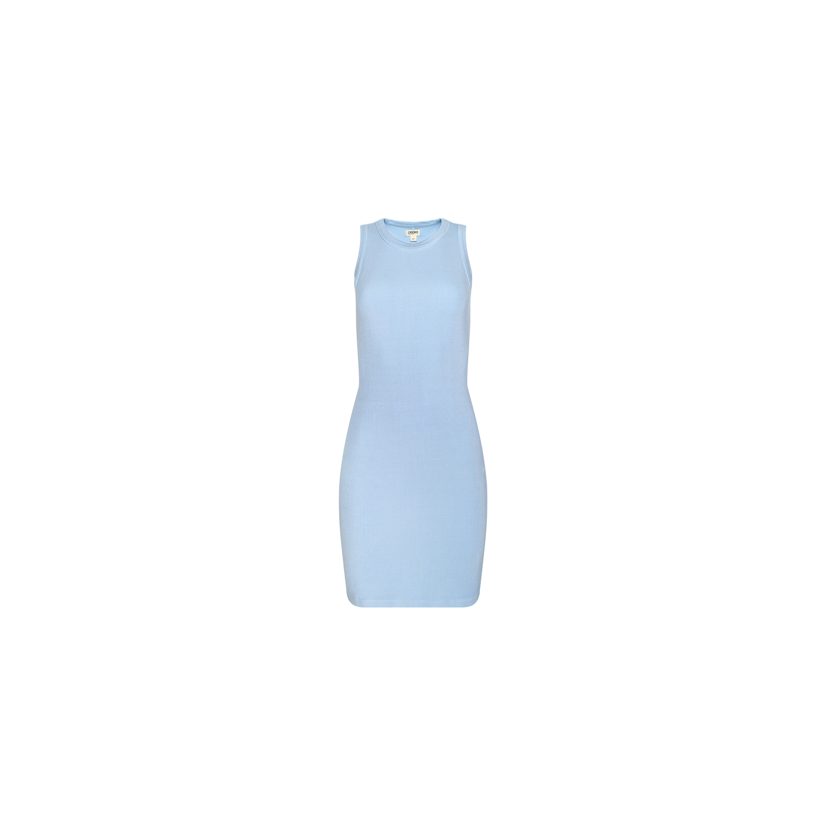 Ellis Tank Dress – a sleeveless, form-fitting pale blue mini dress featuring a racerback design, shown against a plain white background.