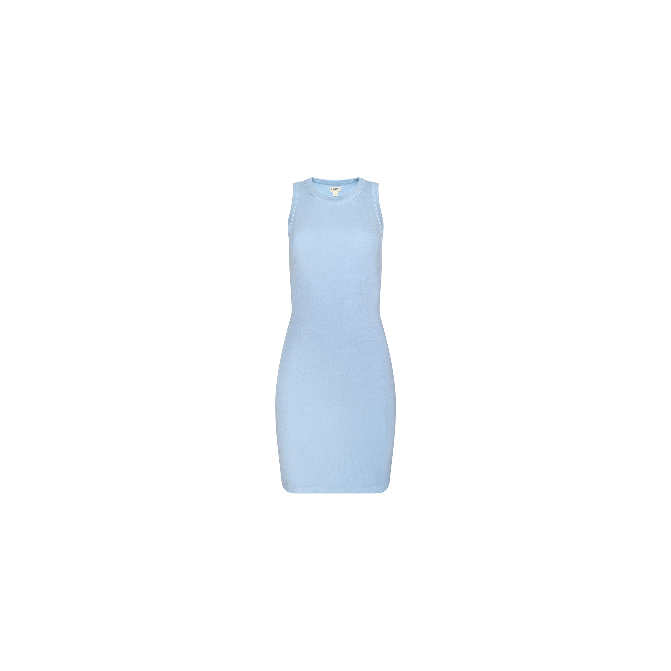 The Ellis Tank Dress is a pale blue, sleeveless mini dress with a fitted silhouette, showcased on a plain white background. It features a classic crew neckline and a racerback design, offering a simple, minimalist style with no visible patterns or embellishments.