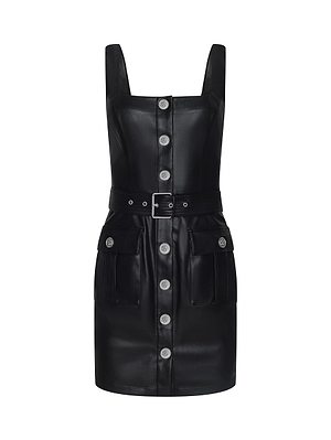 The L’AGENCE Midy Vegan Leather Dress features black vegan leather, a square neckline, structured fit, front silver buttons, two front pockets with button flaps, and a matching belted waist, shown on a white background.