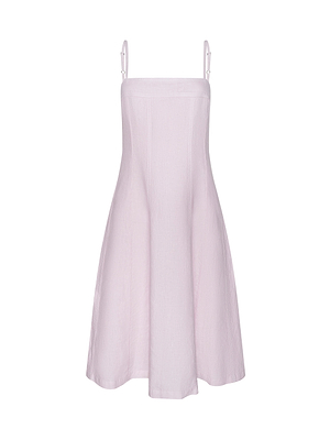 The Mitzy Linen Midi Dress, sleeveless and light pink with adjustable straps and a flared A-line silhouette, is shown against a plain white background.