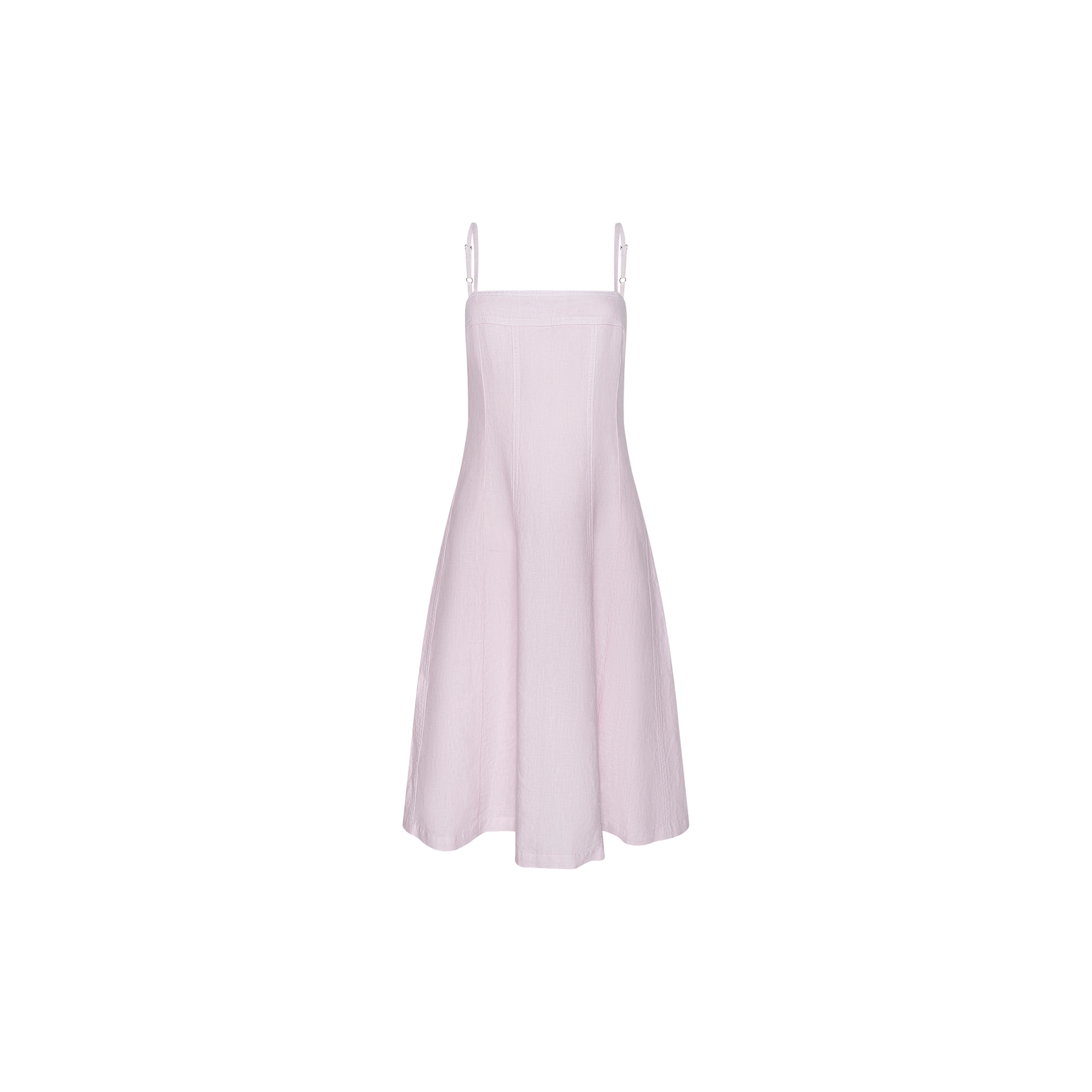 The Mitzy Linen Midi Dress is a light pink sleeveless fit-and-flare design with thin adjustable straps, displayed on a plain white background. Featuring a fitted bodice and flared skirt, this linen midi dress offers effortless style perfect for daytime wear.