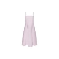 The Mitzy Linen Midi Dress is a light pink sleeveless fit-and-flare design with thin adjustable straps, displayed on a plain white background. Featuring a fitted bodice and flared skirt, this linen midi dress offers effortless style perfect for daytime wear.