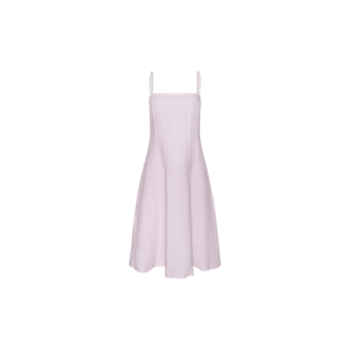 The Mitzy Linen Midi Dress is a light pink sleeveless fit-and-flare design with thin adjustable straps, displayed on a plain white background. Featuring a fitted bodice and flared skirt, this linen midi dress offers effortless style perfect for daytime wear.