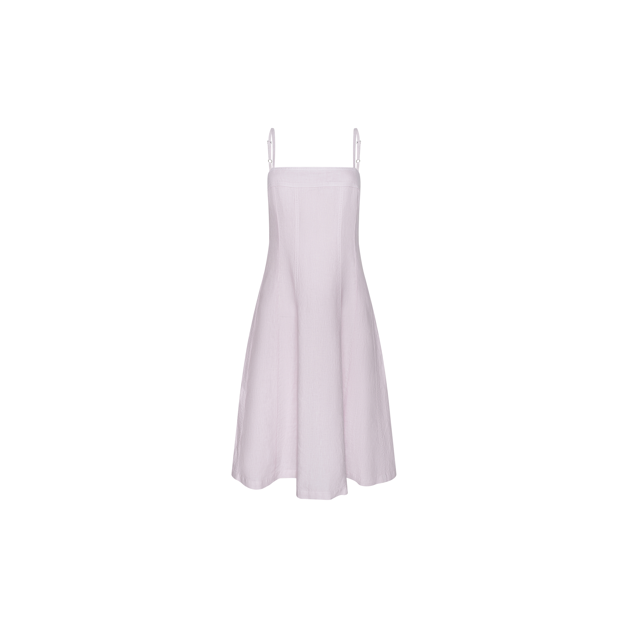 The Mitzy Linen Midi Dress is a light pink sleeveless fit-and-flare design with thin adjustable straps, displayed on a plain white background. Featuring a fitted bodice and flared skirt, this linen midi dress offers effortless style perfect for daytime wear.