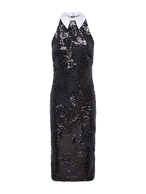 The Lilith Sequin Dress by L'AGENCE is a sleeveless, knee-length dress with a halter neckline, white pointed collar, fitted silhouette, and a textured sequin finish.