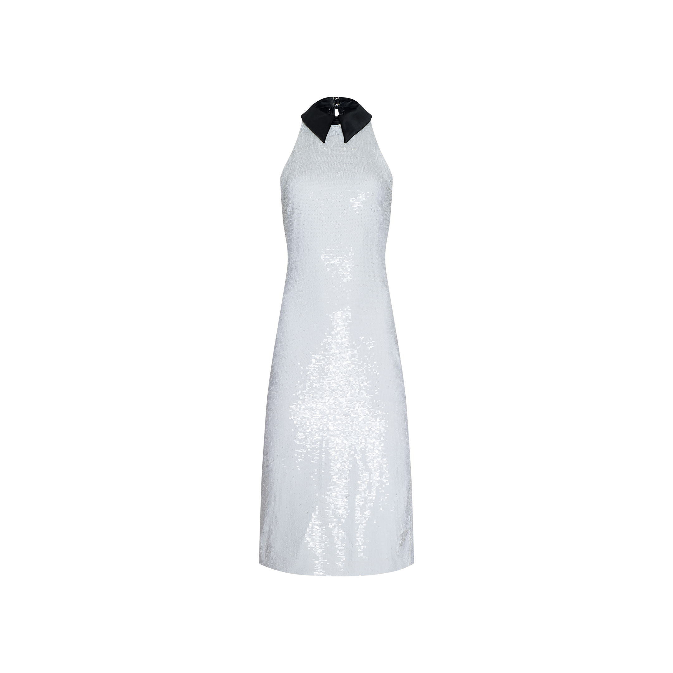 The Lilith Sequin Dress is a sleeveless, knee-length white sequin dress featuring a black pointed collar. Displayed on a plain white background, this fitted party dress exudes elegance and style.