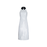 The Lilith Sequin Dress is a sleeveless, knee-length white sequin dress featuring a black pointed collar. Displayed on a plain white background, this fitted party dress exudes elegance and style.