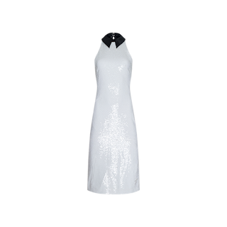 The Lilith Sequin Dress is a sleeveless, knee-length white sequin party dress featuring a fitted silhouette, a high black collar, and a small front keyhole opening, showcased against a plain white background.