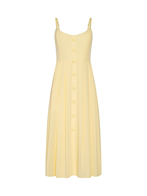 The Reanne Midi Dress is a sleeveless, light yellow poplin midi dress featuring thin straps, a fitted bodice, and a smocked back, shown against a white background.