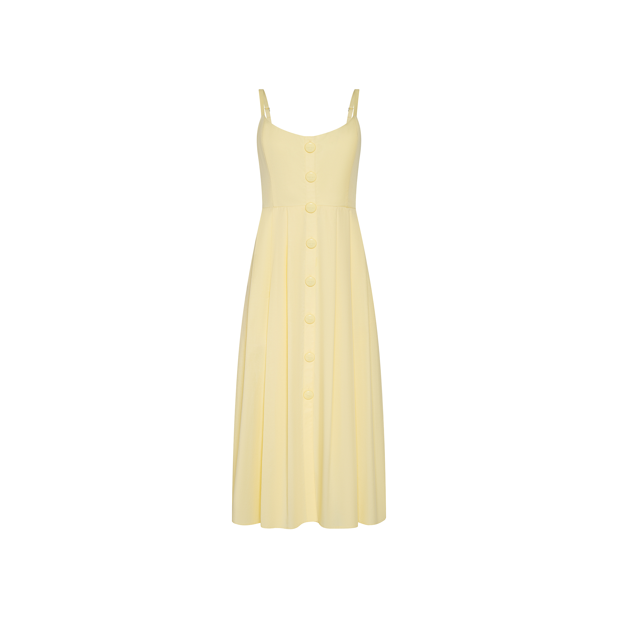 Introducing the Reanne Midi Dress: a light yellow poplin dress featuring spaghetti straps, a V-neckline, and oversized front-center buttons. The gently pleated skirt creates a soft, feminine silhouette, while the smocked back ensures flexible comfort.