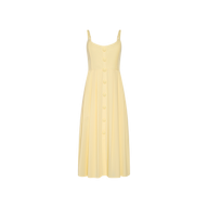 Introducing the Reanne Midi Dress: a light yellow poplin dress featuring spaghetti straps, a V-neckline, and oversized front-center buttons. The gently pleated skirt creates a soft, feminine silhouette, while the smocked back ensures flexible comfort.