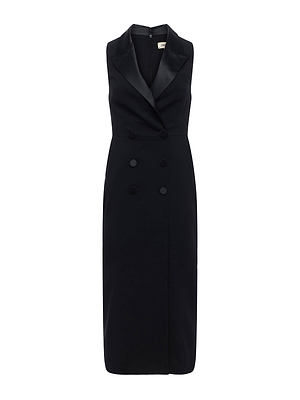 The Catherine Tuxedo Midi Dress by L'AGENCE is a sleeveless, black tailored piece with satin lapels, four front buttons, and a concealed back zipper—offering classic, sophisticated elegance in a modern midi silhouette.