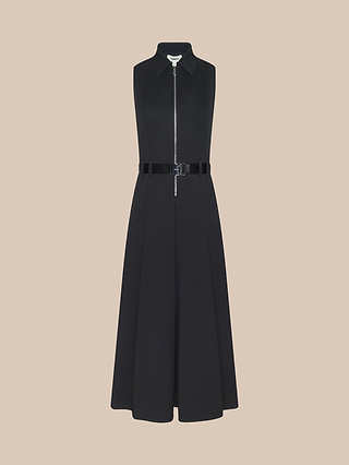Kolton Dress: A sleeveless black midi dress featuring a collared neckline, front zipper, and coordinating statement belt, crafted from crisp cotton-blend poplin and shown against a plain beige background.