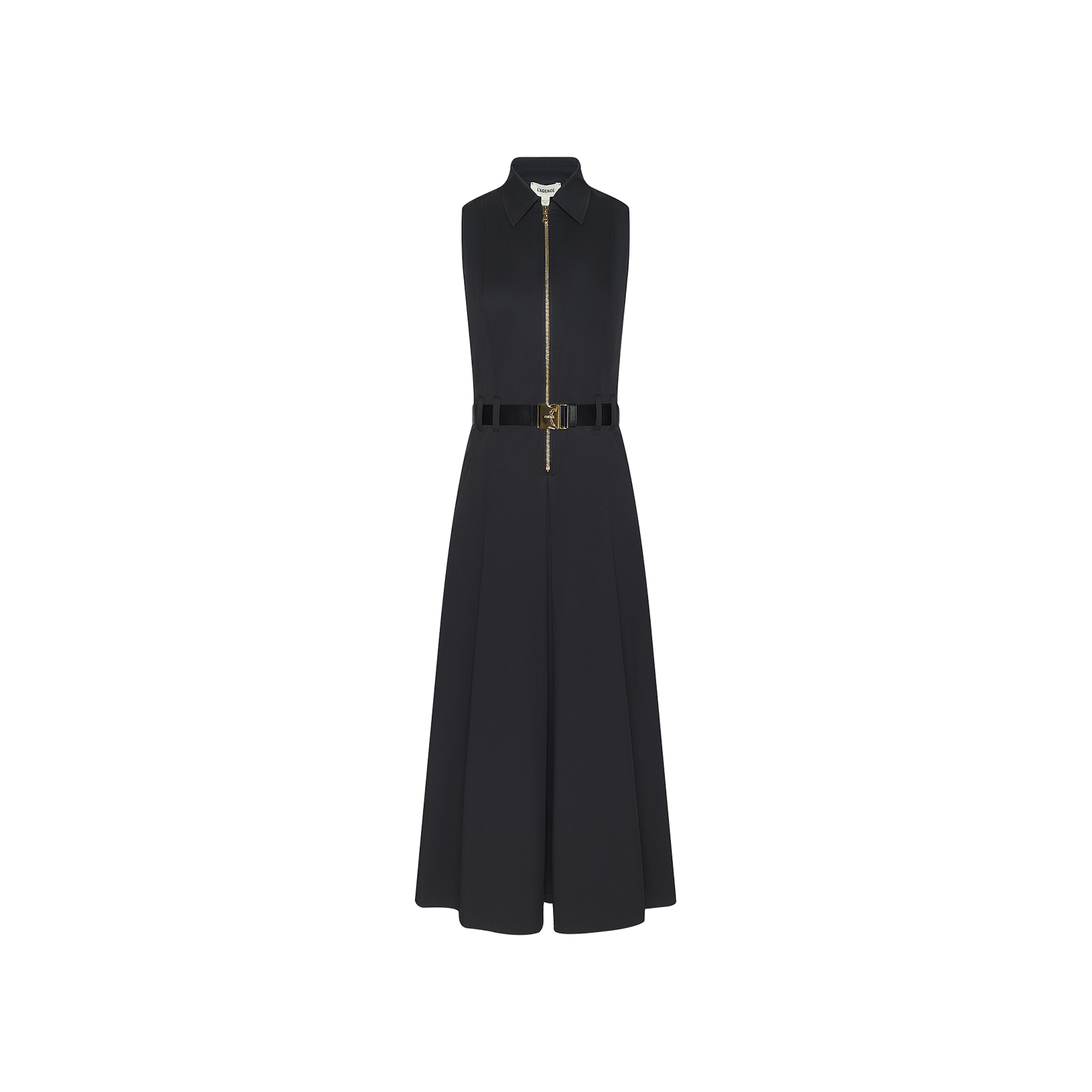 The Kolton Dress is a sleeveless, black cotton-blend midi dress with a collared neckline and front zipper closure. It features a fitted bodice, flared skirt, and a matching black belt at the waist. Shown against a plain white background, this dress highlights its center zip design.