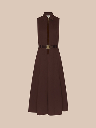 The Kolton Dress—a sleeveless brown midi dress featuring a gold zip-up front, shirt collar, and a matching waist belt—is displayed against a plain beige background, making it the perfect desk-to-drinks outfit.