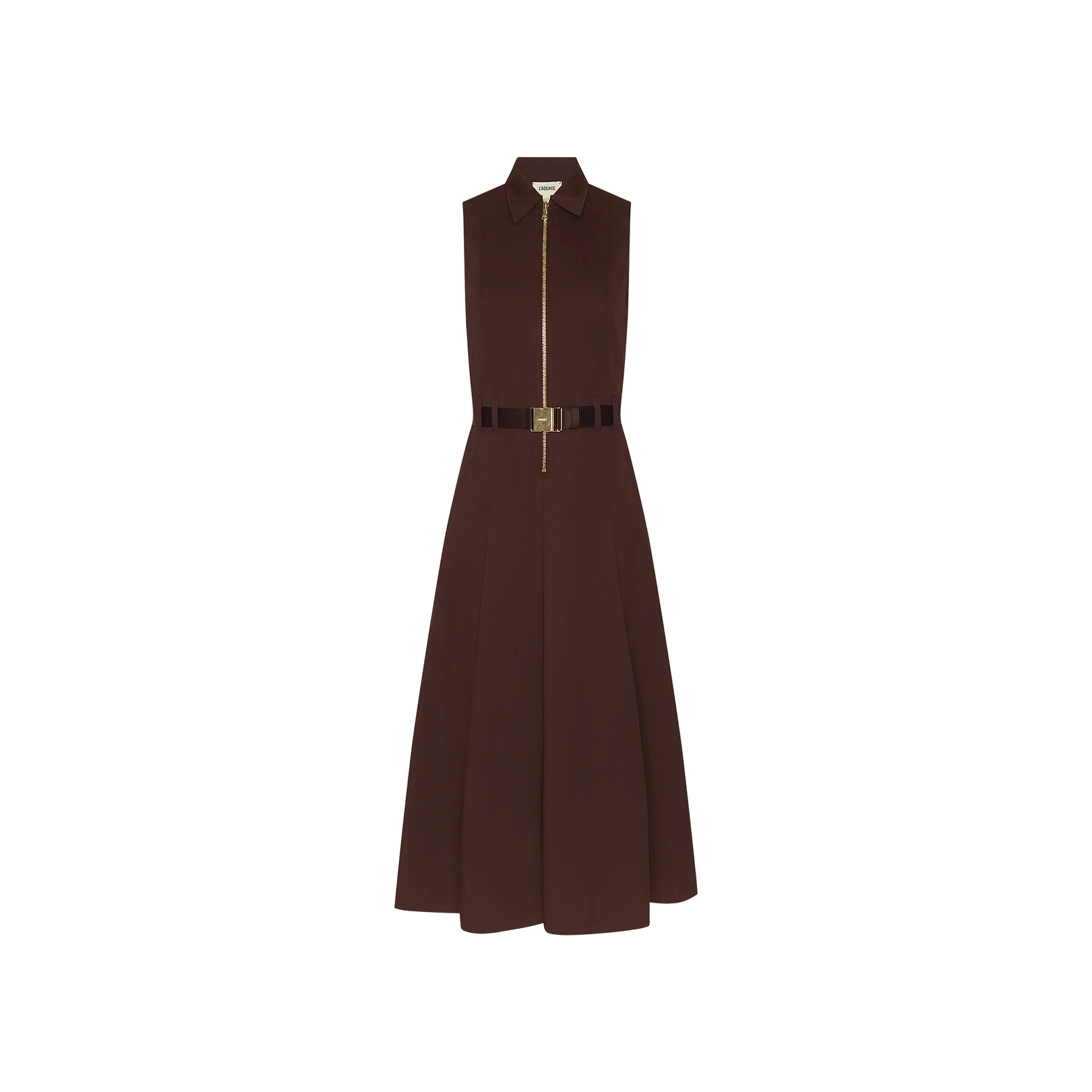 Kolton Dress: Sleeveless dark brown midi dress crafted from cotton-blend poplin, featuring a collar, front zipper, and matching belt at the waist—a versatile desk-to-drinks piece displayed on a plain white background.