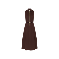 Kolton Dress: Sleeveless brown cotton-blend poplin midi dress featuring a collared neckline, front zipper closure, and a matching waist belt. The flared skirt adds movement, making this a versatile desk-to-drinks option against a plain white background.