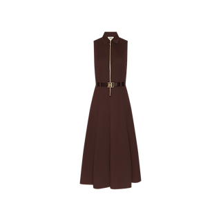 Kolton Dress: Sleeveless dark brown midi dress crafted from cotton-blend poplin, featuring a collar, front zipper, and matching belt at the waist—a versatile desk-to-drinks piece displayed on a plain white background.