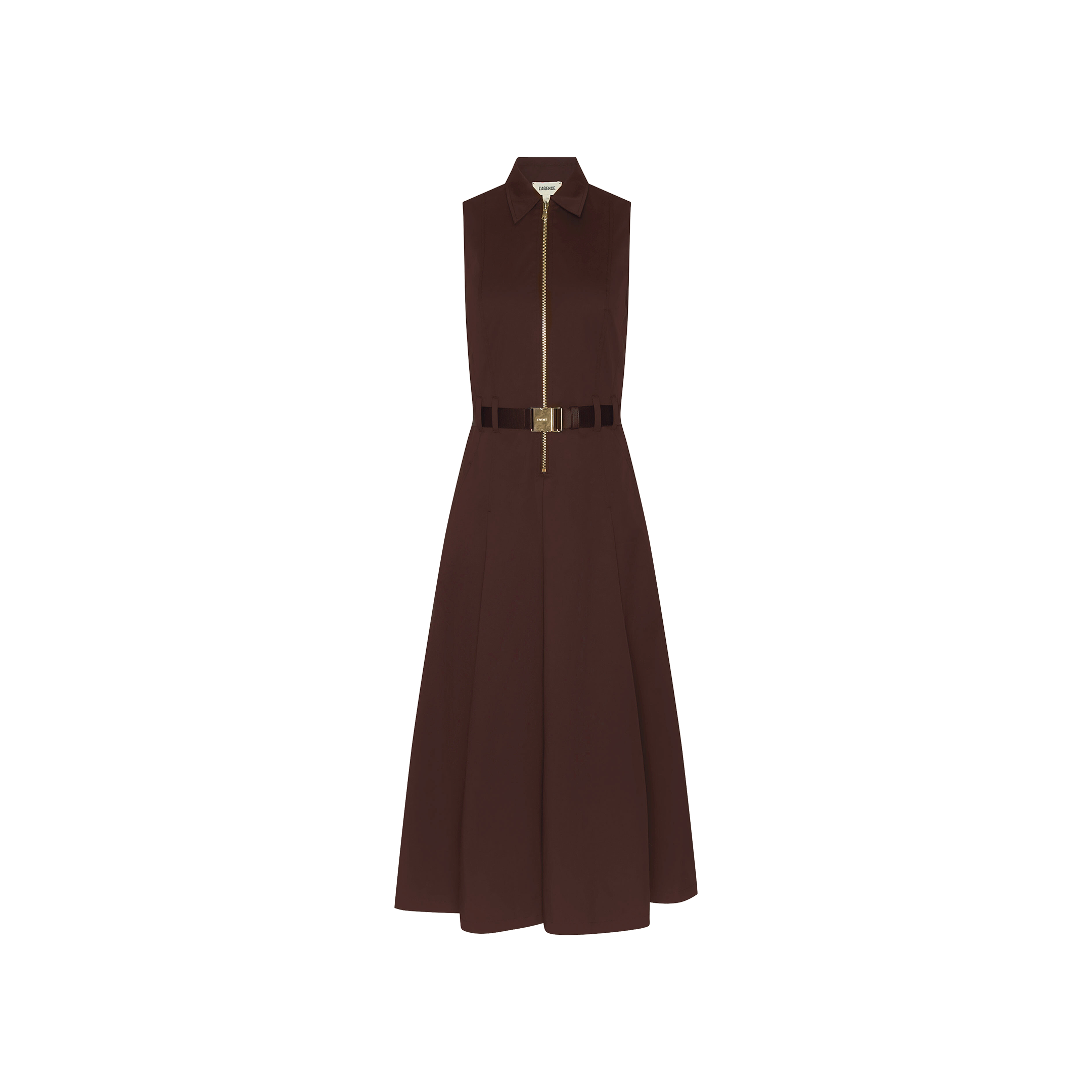 Kolton Dress: Sleeveless brown cotton-blend poplin midi dress featuring a collared neckline, front zipper closure, and a matching waist belt. The flared skirt adds movement, making this a versatile desk-to-drinks option against a plain white background.