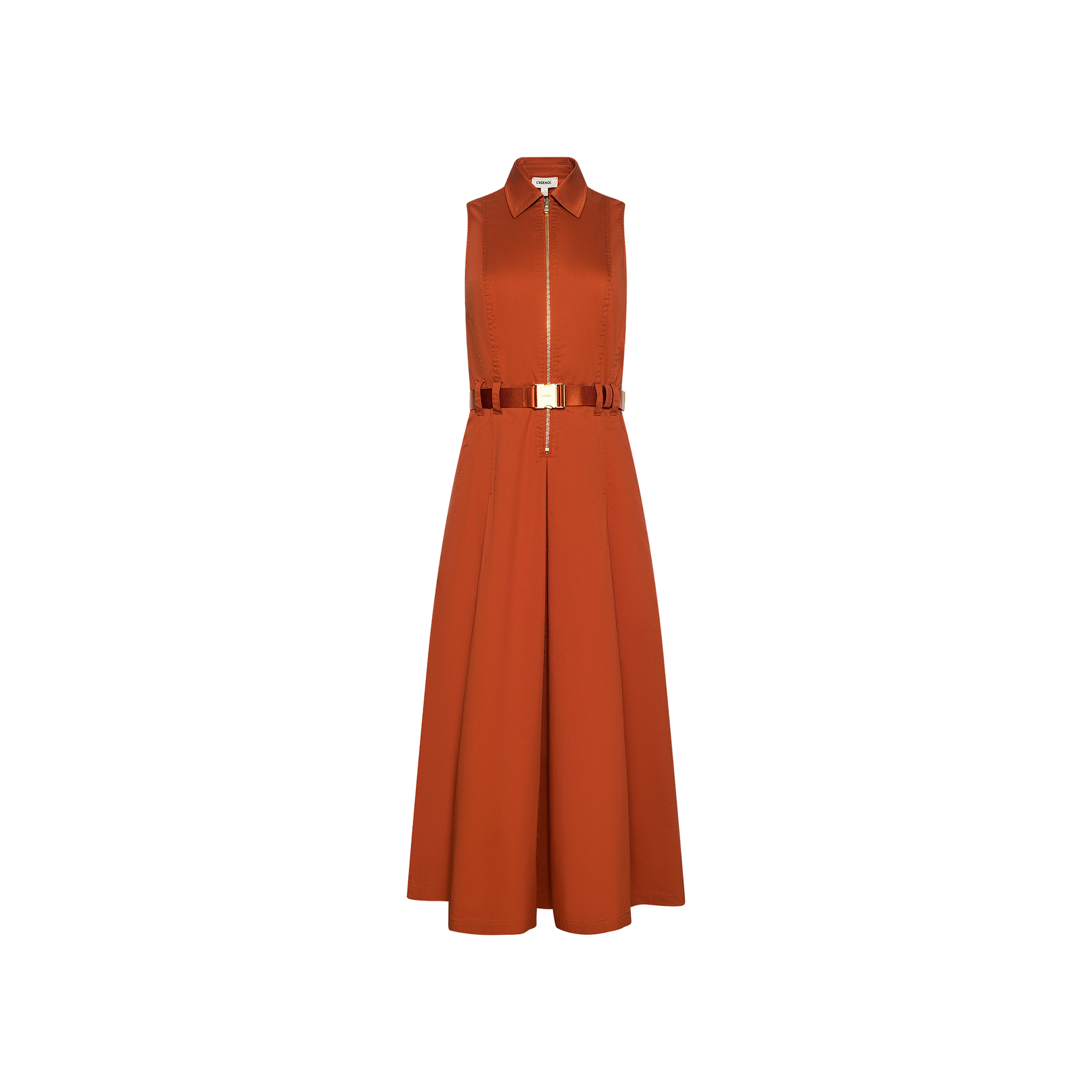 The Kolton Dress is a sleeveless rust-orange midi dress featuring a collared neckline, front zipper, and matching belt. Designed with a fitted bodice and flared skirt, this versatile piece seamlessly transitions from desk to drinks—perfect for day-to-night wear. Displayed on a white background.