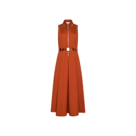 The Kolton Dress is a sleeveless burnt orange midi dress featuring a collared neckline, front zipper, and a coordinating belted waist. Its pleated skirt falls to an elegant midi length, making it an effortless desk-to-drinks option against a plain white background.