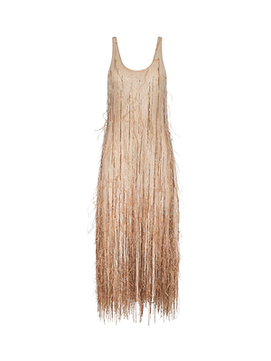 The Prince Dress is a sleeveless, light beige dress with a scoop neckline, hand-embellished with long crystal chain fringe cascading from shoulders to hem for a shimmering, textured look. Displayed on a white background.