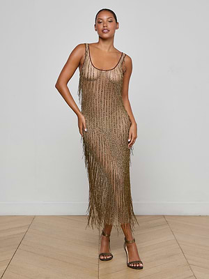L'AGENCE Gracelynn Beaded Fringe Dress In Antique Gold Beaded Fringe L'AGENCE Gracelynn Beaded Fringe Dress In Antique Gold Beaded Fringe