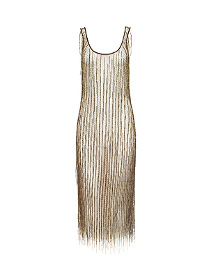 The Gracelynn Beaded Fringe Dress is a sleeveless, knee-length design with artisanal hand-beaded antique gold bugle bead fringe on a sheer nude base, shown on a white background.