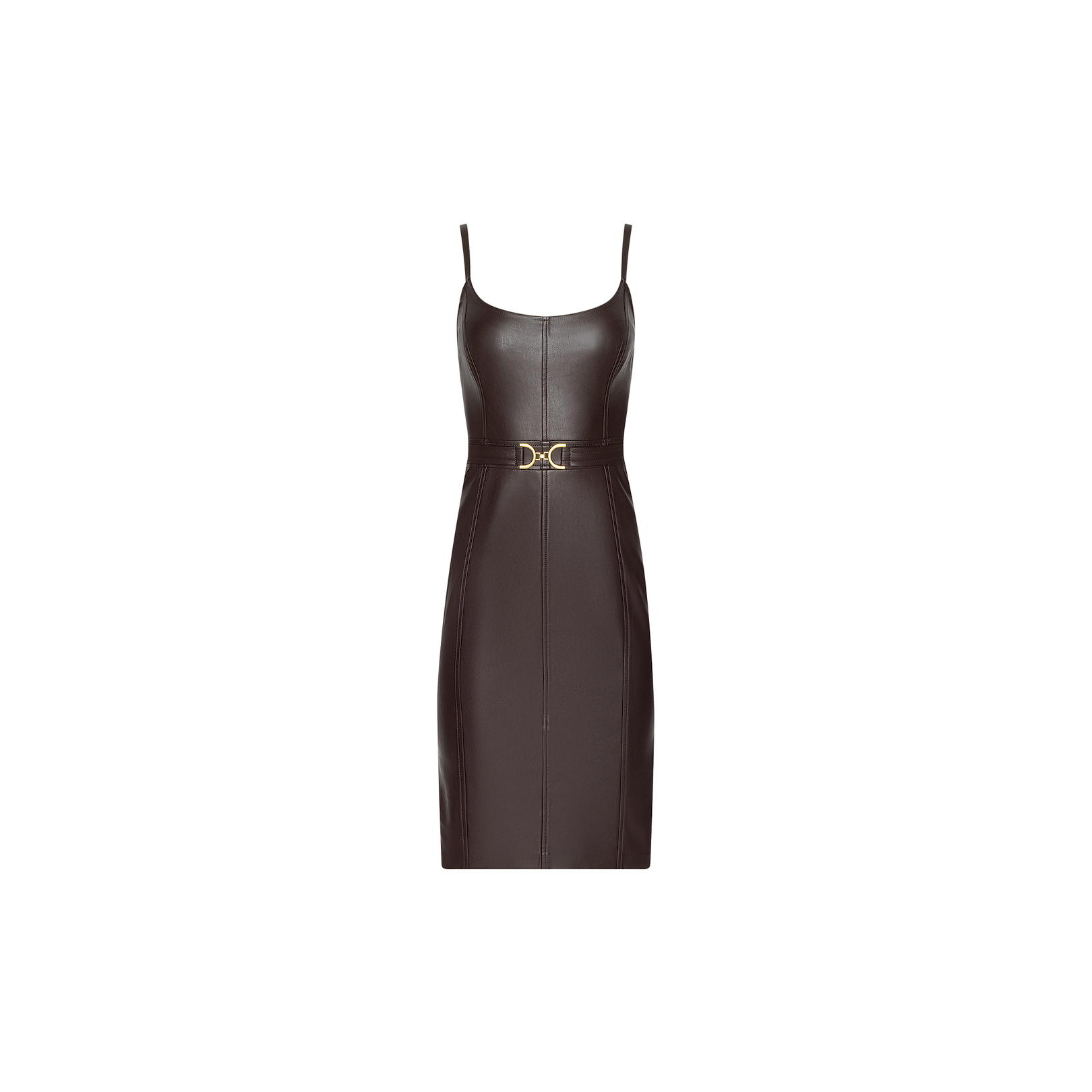 The Halia Vegan Leather Dress is a sleeveless, dark brown dress with thin straps and a gold buckle belt at the waist, displayed against a plain white background.