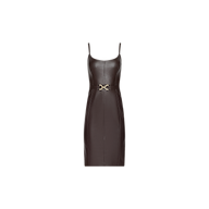 The Halia Vegan Leather Dress is a sleeveless, dark brown dress with thin straps and a gold buckle belt at the waist, displayed against a plain white background.