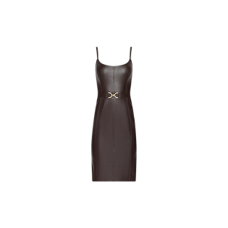 The Halia Vegan Leather Dress is a sleeveless, dark brown dress with thin straps and a gold buckle belt at the waist, displayed against a plain white background.