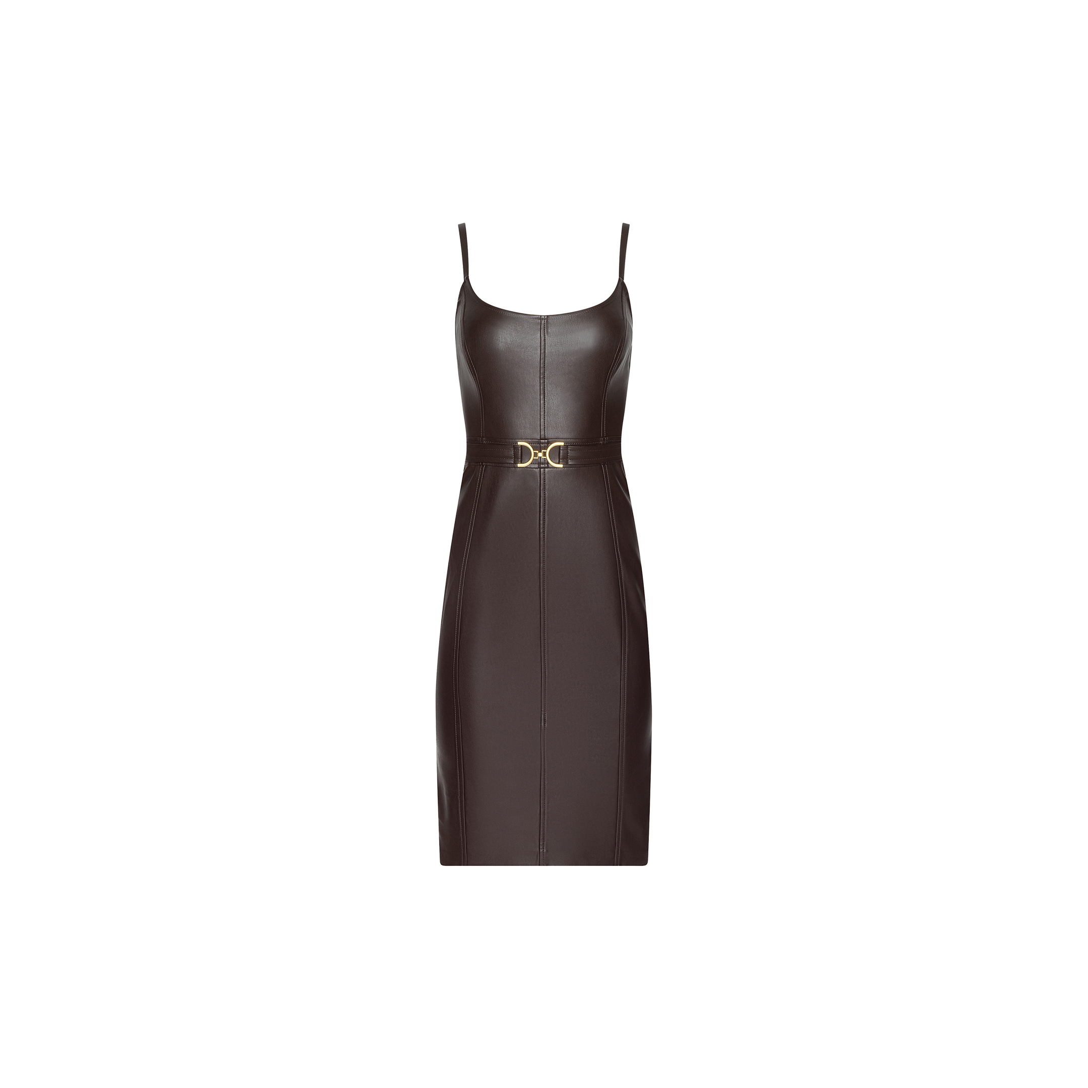 The Halia Vegan Leather Dress is a sleeveless, dark brown dress with thin straps and a gold buckle belt at the waist, displayed against a plain white background.