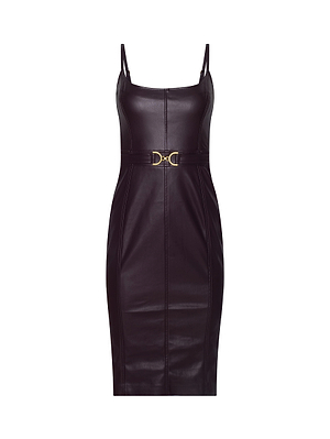 The Halia Vegan Leather Dress by L'AGENCE is a sleeveless black midi dress with thin straps, a fitted waist, and a central gold buckle detail.