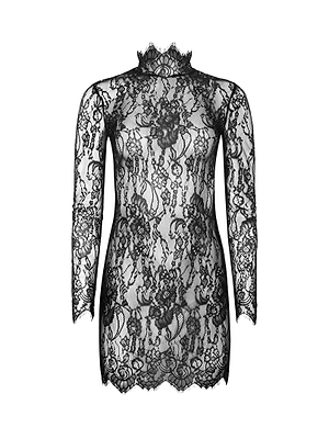 The Henrietta Lace Mini Dress by L'AGENCE is a black, long-sleeved mini dress with a high neckline, intricate floral lace, sheer fitted silhouette, and scalloped cuffs and hem for an elegant touch.