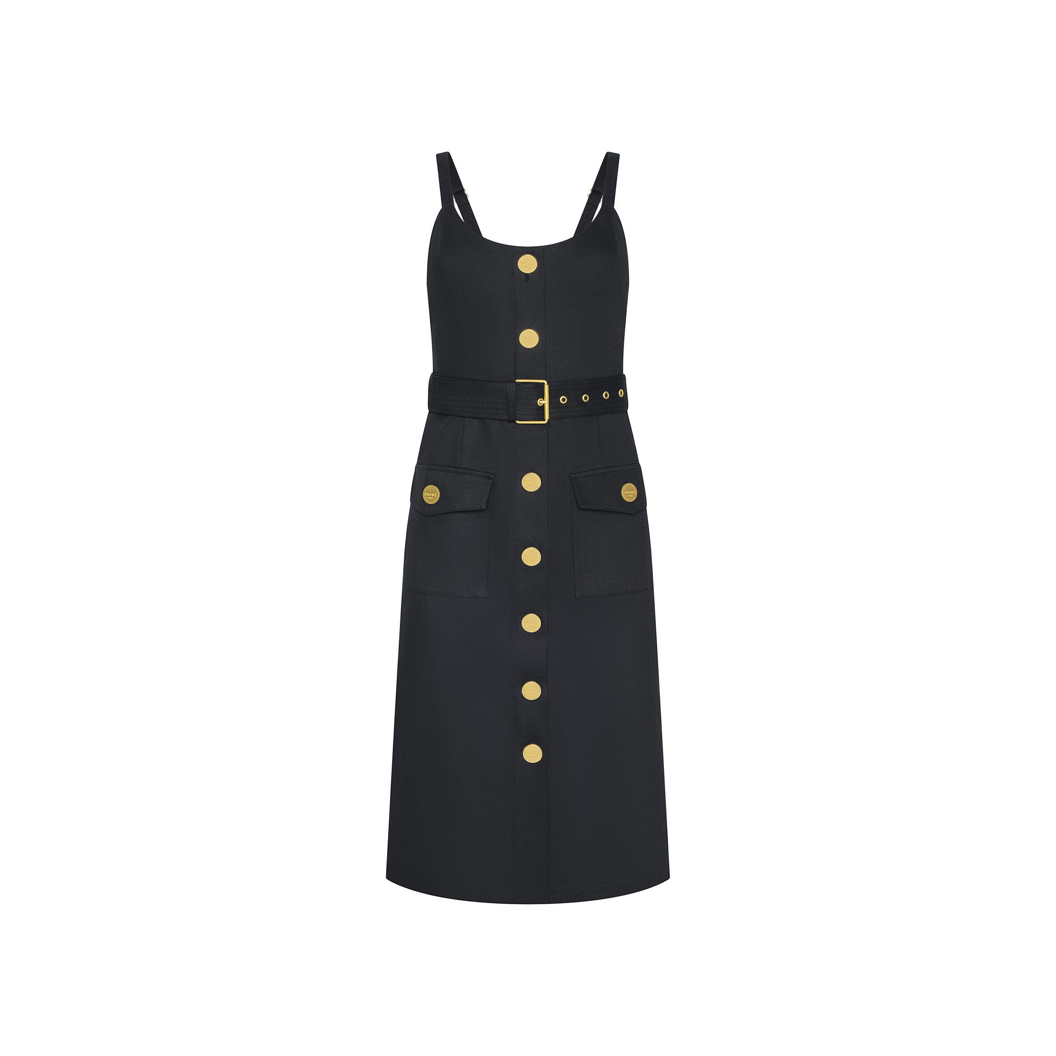 The Ida Dress is a sleeveless black stretch cotton dress featuring shoulder straps, gold buttons down the front, two large front pockets adorned with gold buttons, and a matching belt with a gold buckle, displayed on a plain white background.