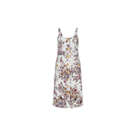 The Ida Dress is a sleeveless white tailored design with thin straps, crafted from stretch cotton and adorned with a vibrant butterfly jungle print in purple, pink, and yellow tones. It is displayed against a plain white background.