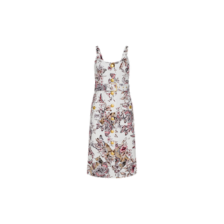 The Ida Dress is a sleeveless white tailored piece with a fitted bodice and flared skirt, adorned with a vibrant floral and butterfly jungle print in shades of purple, pink, yellow, and brown on a plain white background.
