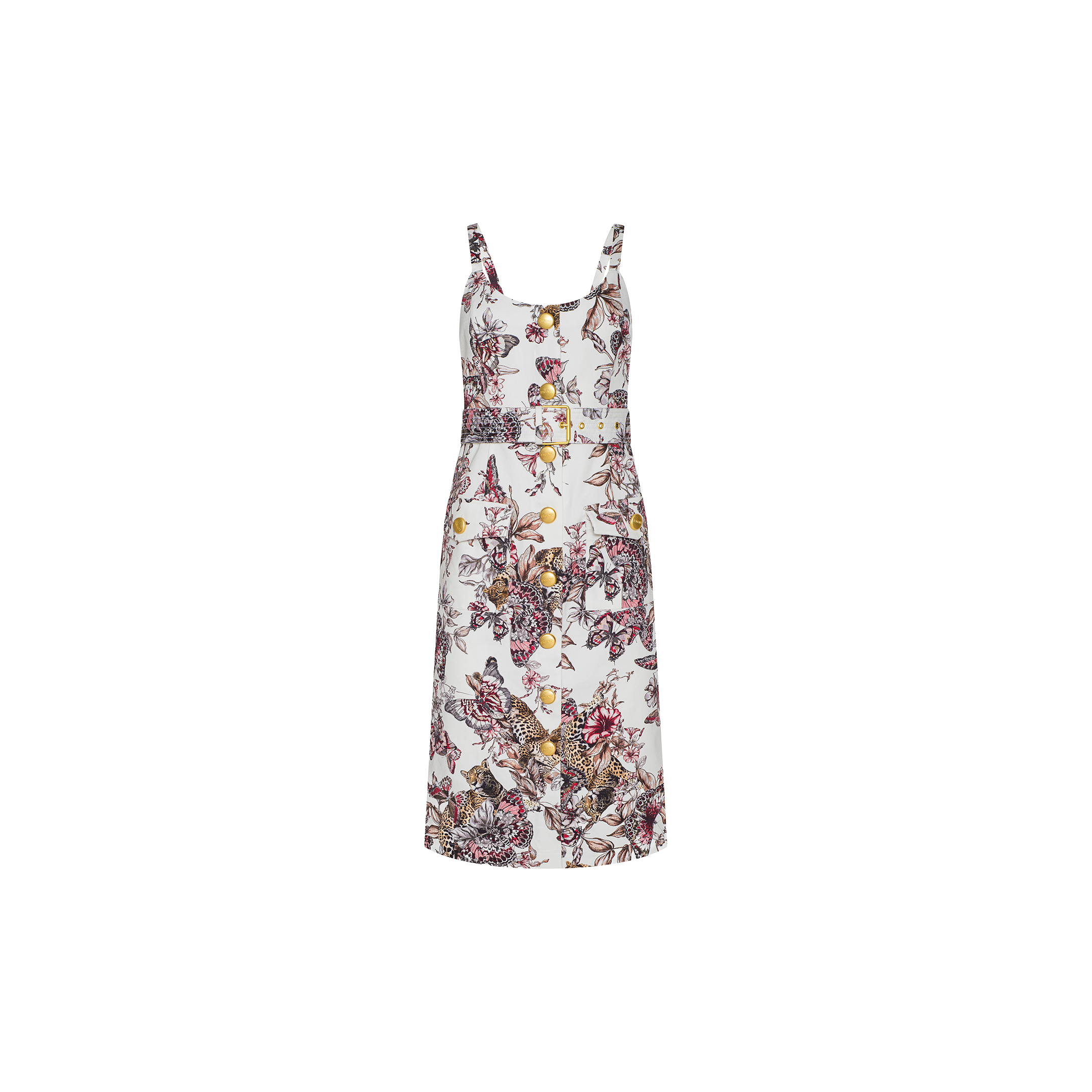 The Ida Dress is a sleeveless white tailored design with thin straps, crafted from stretch cotton and adorned with a vibrant butterfly jungle print in purple, pink, and yellow tones. It is displayed against a plain white background.