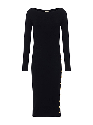 The Astra Midi Dress by L'AGENCE is a black, long-sleeved stretch modal dress with a boat neckline, gold buttons running diagonally from waist to hem, and a high side slit for added flair.