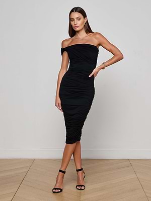 L'AGENCE Women's Cheryl Shirred Midi Dress - Black - Size 6 L'AGENCE Women's Cheryl Shirred Midi Dress - Black - Size 6