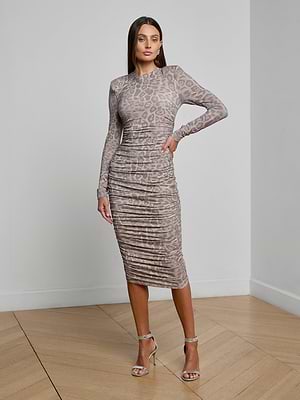 L'AGENCE Paityn Shirred Dress In Grey Multi Patch Leopard L'AGENCE Paityn Shirred Dress In Grey Multi Patch Leopard