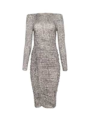 Paityn Shirred Dress in Grey Multi Patch Leopard | L'AGENCE Paityn Shirred Dress in Grey Multi Patch Leopard | L'AGENCE