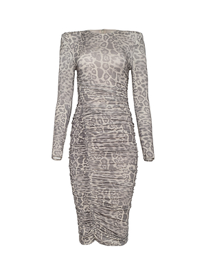 The Paityn Shirred Dress is a fitted stretch jersey dress with ruched detailing, a gray leopard print, and a knee-length hem, shown on a white background.