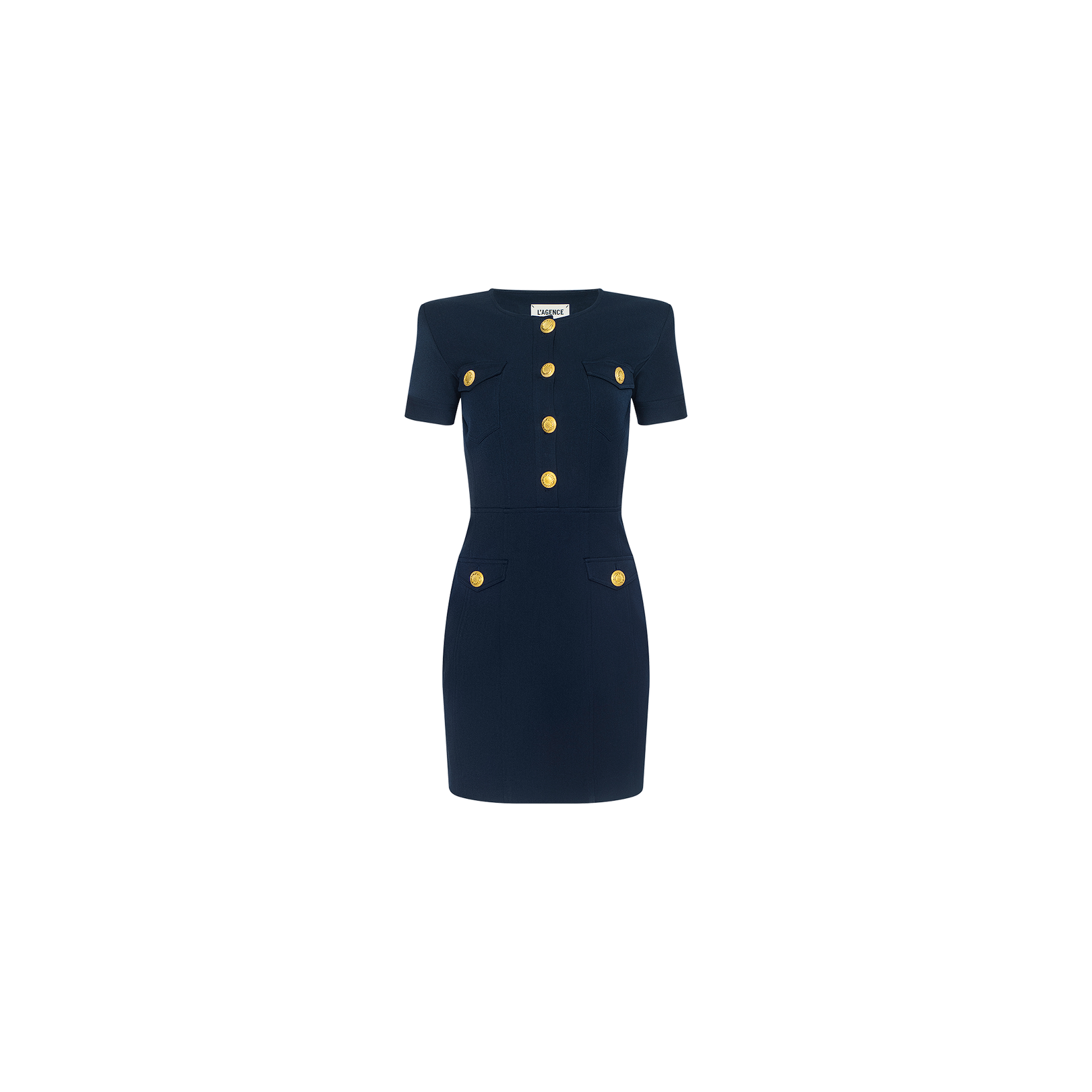 The Cori Mini Dress is a short-sleeved, navy blue mini dress with a structured fit, accented by four large gold-tone hardware buttons down the front and two front pockets, shown against a plain white background.