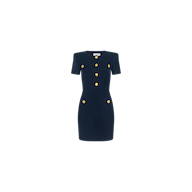 The Cori Mini Dress is a short-sleeved, navy blue mini dress with a structured fit, accented by four large gold-tone hardware buttons down the front and two front pockets, shown against a plain white background.