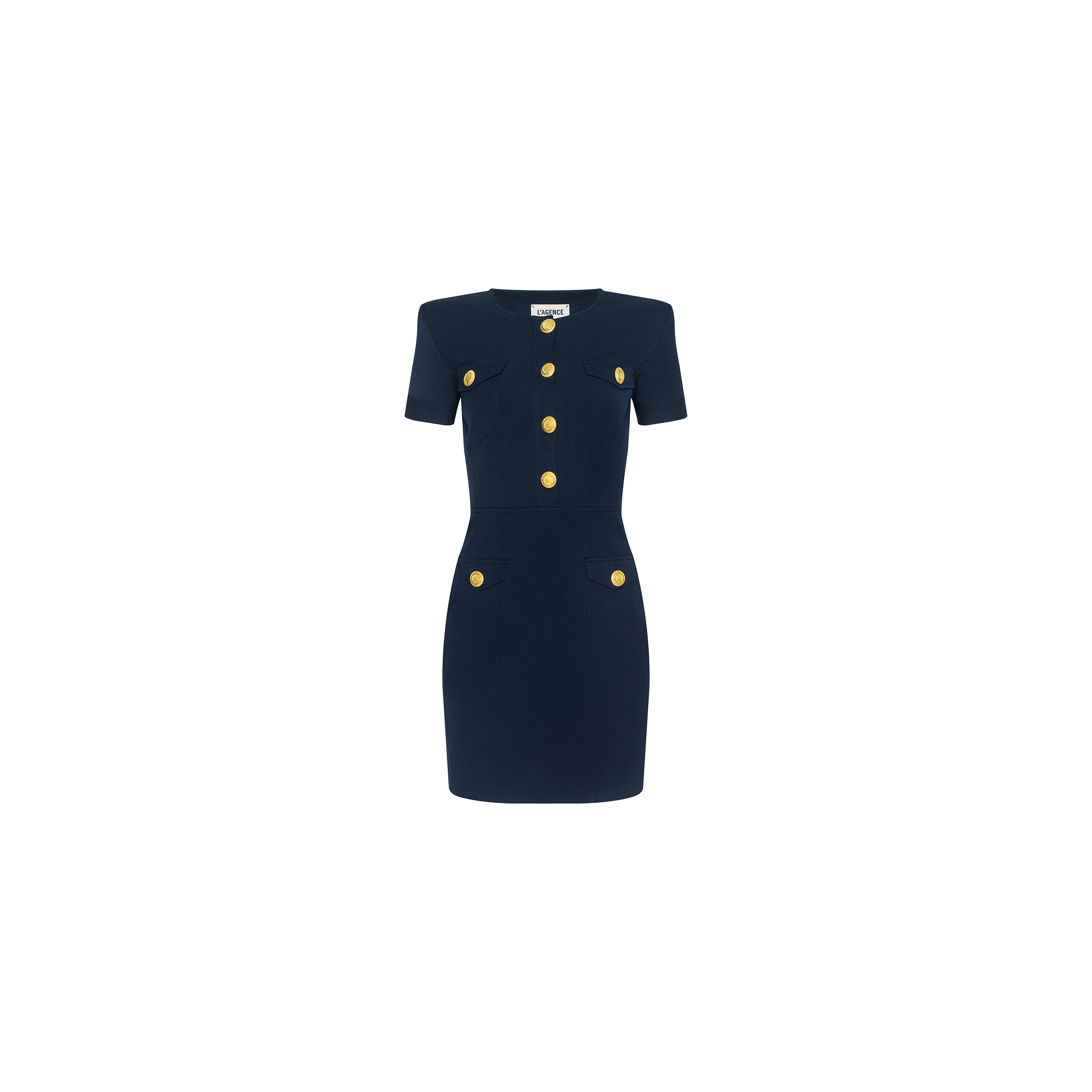 The Cori Mini Dress is a short-sleeved, navy blue mini dress with a structured fit, accented by four large gold-tone hardware buttons down the front and two front pockets, shown against a plain white background.