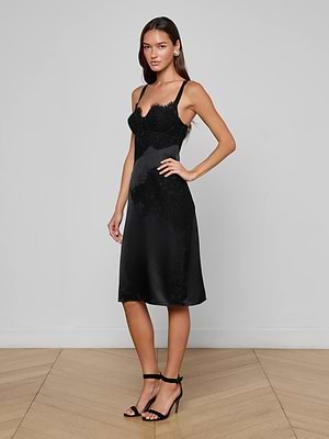 L'AGENCE Women's Fenna Silk Lace Applique Dress - Black - Size 14 L'AGENCE Women's Fenna Silk Lace Applique Dress - Black - Size 14
