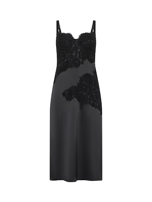 The Fenna Silk Lace Dress by L'AGENCE is a black charmeuse dress with a bustier top, elegant floral lace bodice, and diagonal lace accents on the skirt, shown on a white background.